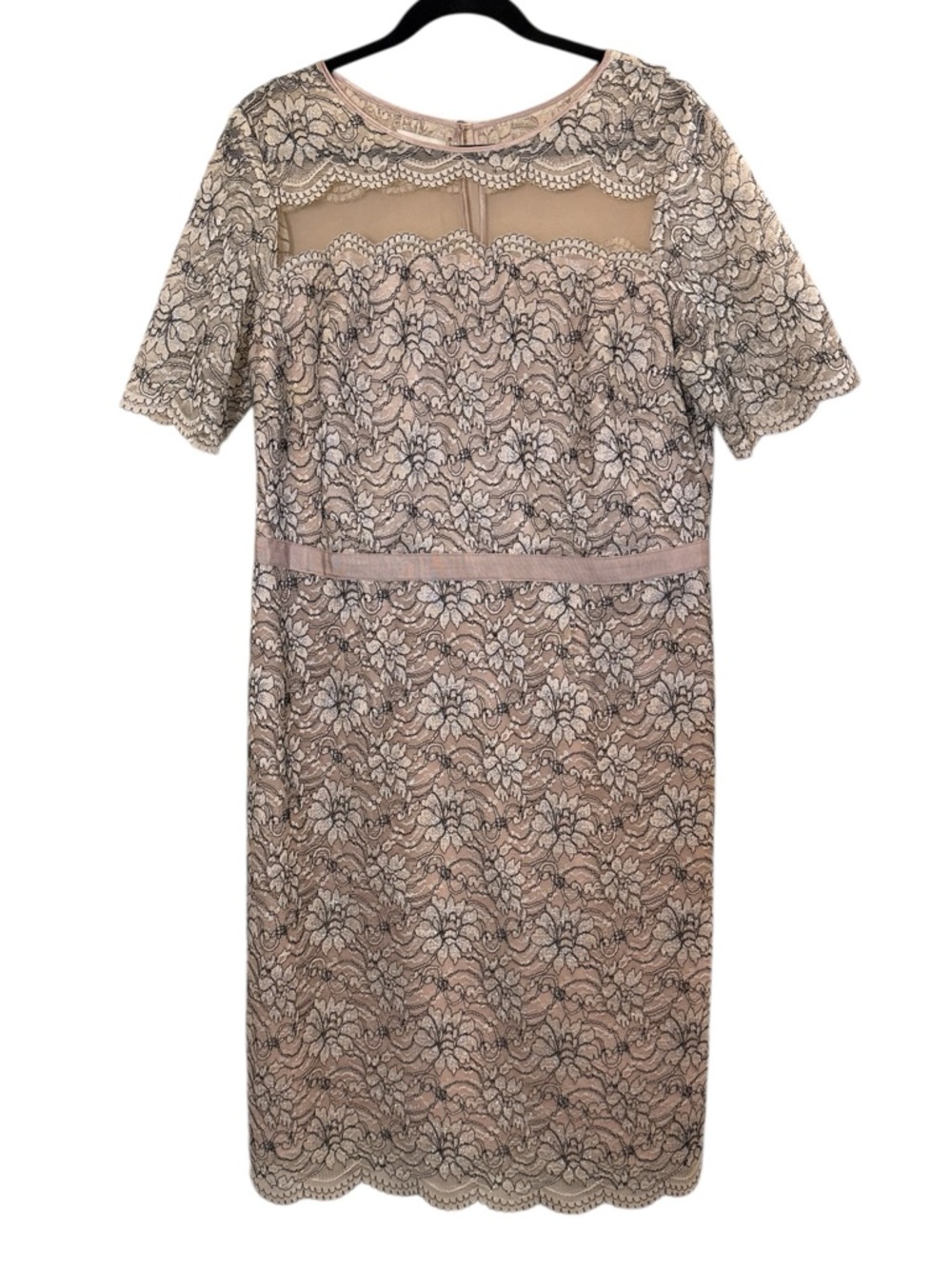Monsoon Women’s Pink Charcoal Gray Lace Midi Cocktail Party Wedding Dress sz 14